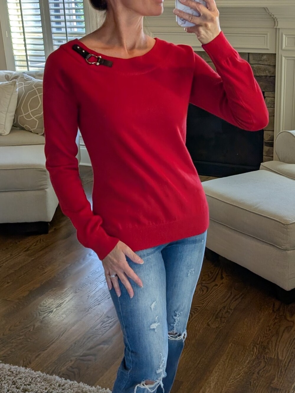 Ralph Lauren Red Crewneck Sweater with Buckle Accent Size Small